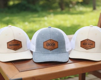 Custom Groomsman Hats - Set of Wedding Party Hats - Bachelor Party Hats - Groomsman Gifts - Groomsman Caps - Leather Patch Hat - Custom Hat