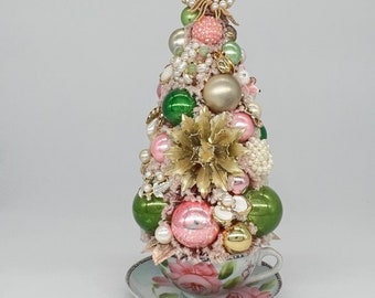 Cup and Saucer Vintage Jewelry Bottle Brush Tree