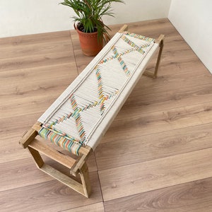 Multicolor Cotton Cord Woven Bench, Hallway Bench, Wooden Bench, Woven Bench perfect for living room and Entryway