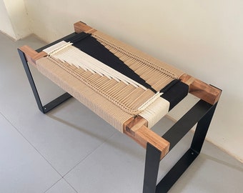 Mid Century Woven Stool • Modern Entryway Stool • End Bench • Metal Bench • Charpoy Bench, Hand Woven Bench