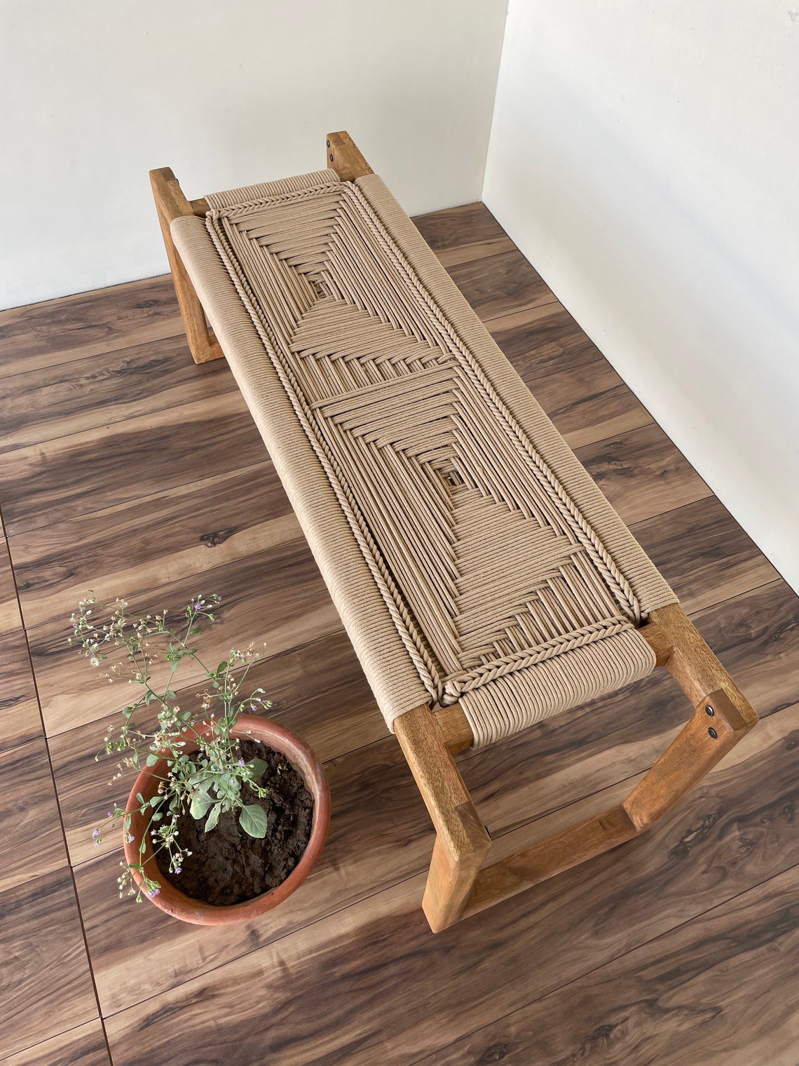 Boho Modern Woven Bench Mid Century Woven Bench Modern Etsy