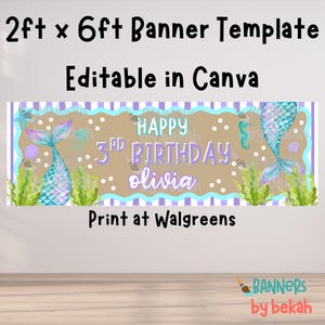 Puede incluir: Una plantilla de pancarta de 61 cm x 183 cm con temática de sirena, rayas moradas, centro beige y algas verdes. El texto dice Happy 3rd Birthday Olivia. El diseño incluye colas de sirena, conchas marinas y un caballito de mar.