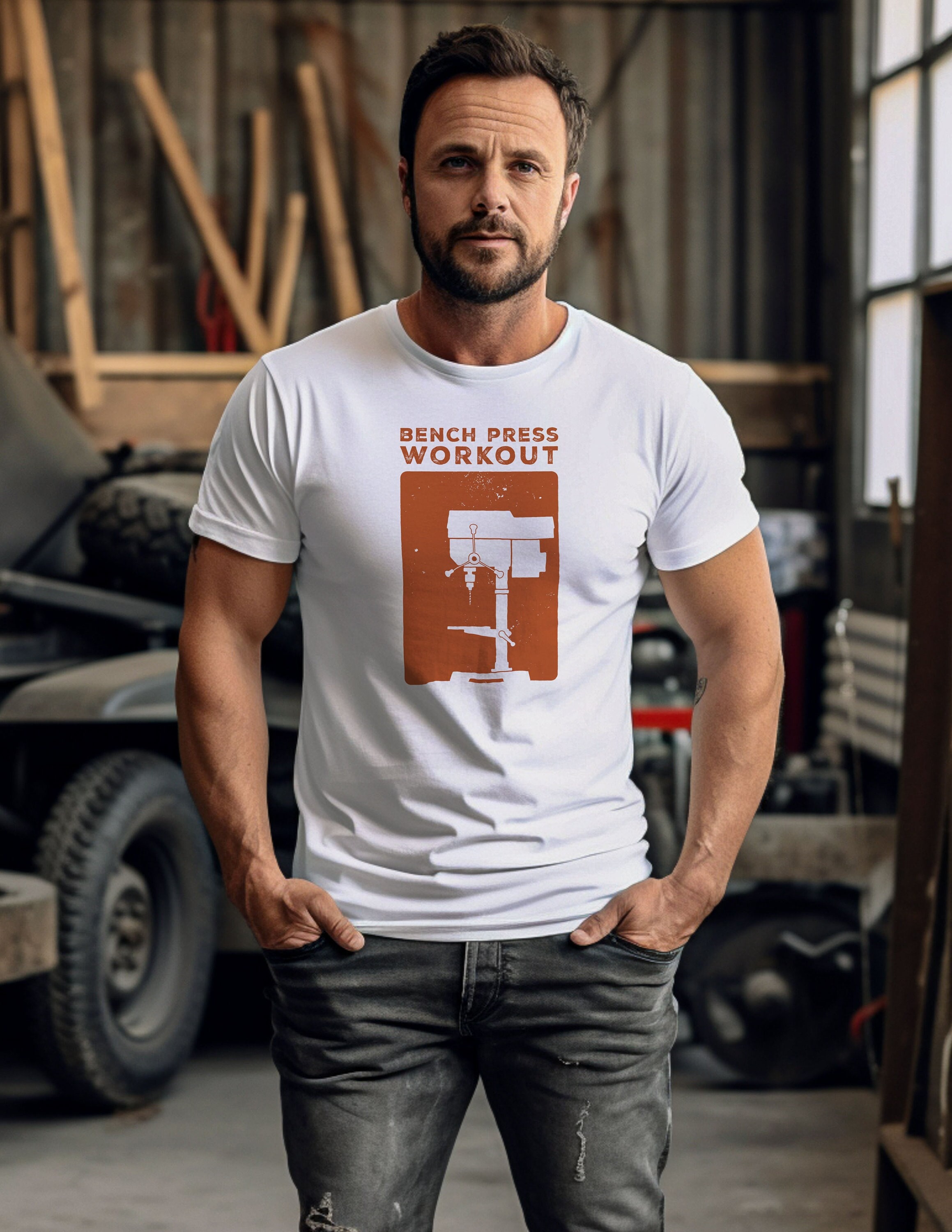Drill Press Workout tee, bench top drill press, woodworking, metal, DIY, power tools, workshop, humorous, different, unique, gift, unisex.