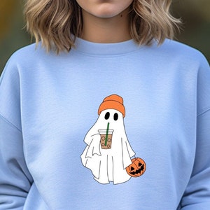 Cute Ghost Drinking Coffee Sweatshirt, Ghost Ice Coffee, Halloween Party Shirt, Fall Graphic Shirt, Spooky Season, Fall Coffee Lover Hoodie