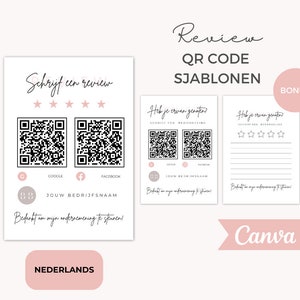 Op de afbeelding: Een set witte en roze beoordelingssjablonen met QR-codes voor Google en Facebook. De sjablonen bevatten de tekst "Schrijf een review" en "Heb je ervan genoten?" in een handschriftlettertype. Het woord "BONUS" staat in een roze cirkel.