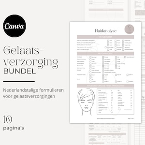 Könnte beinhalten: Ein druckbares Bündel mit 10 Seiten Formularen für Gesichtsbehandlungen in Niederländisch. Die Formulare beinhalten eine Hautanalyse, einen Fragebogen und einen Behandlungsplan.