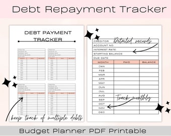 May include: Printable debt repayment tracker with a black and white design. The tracker includes sections for creditor, account number, interest rate, starting balance, due date, month, paid, and balance. The text "Detailed records" and "Track monthly" are handwritten in black.