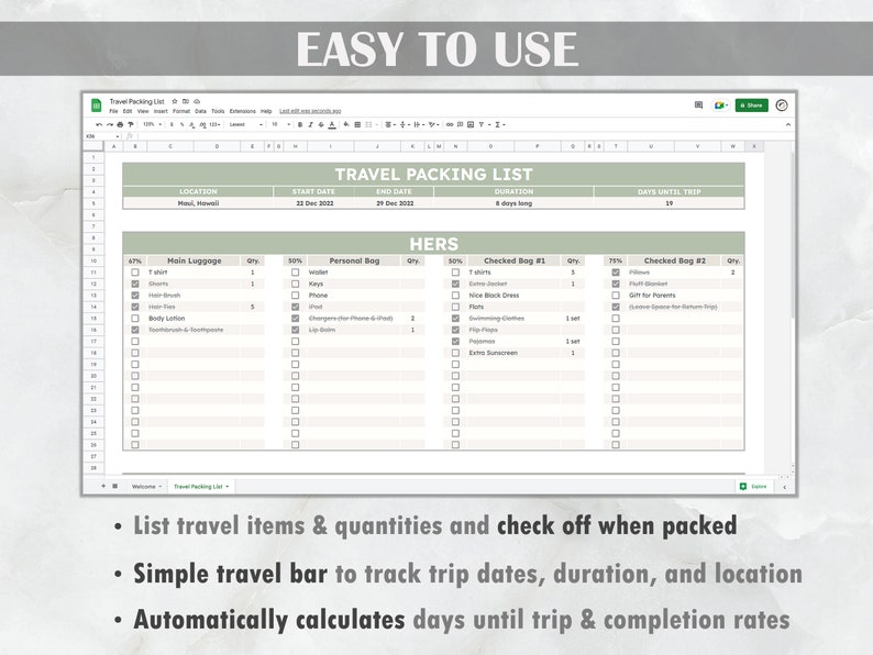 Travel Packing List Google Sheets Template Editable Etsy
