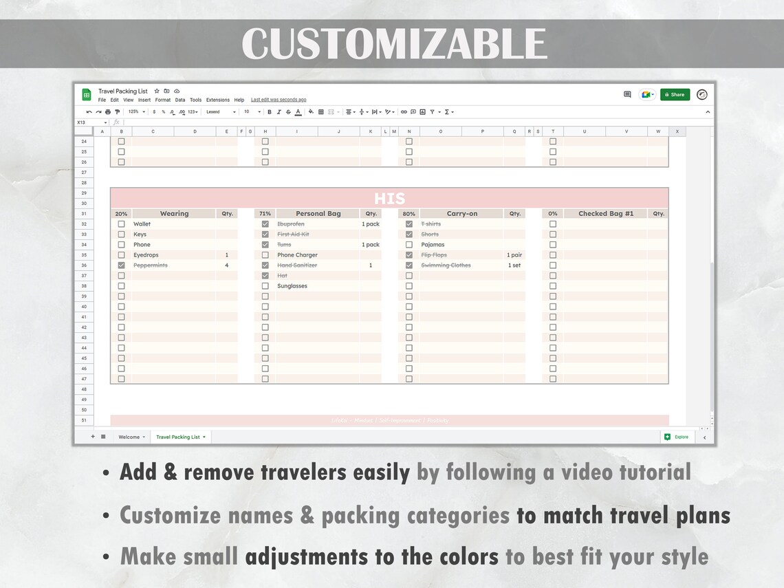 Travel Packing List Google Sheets Template Editable Etsy