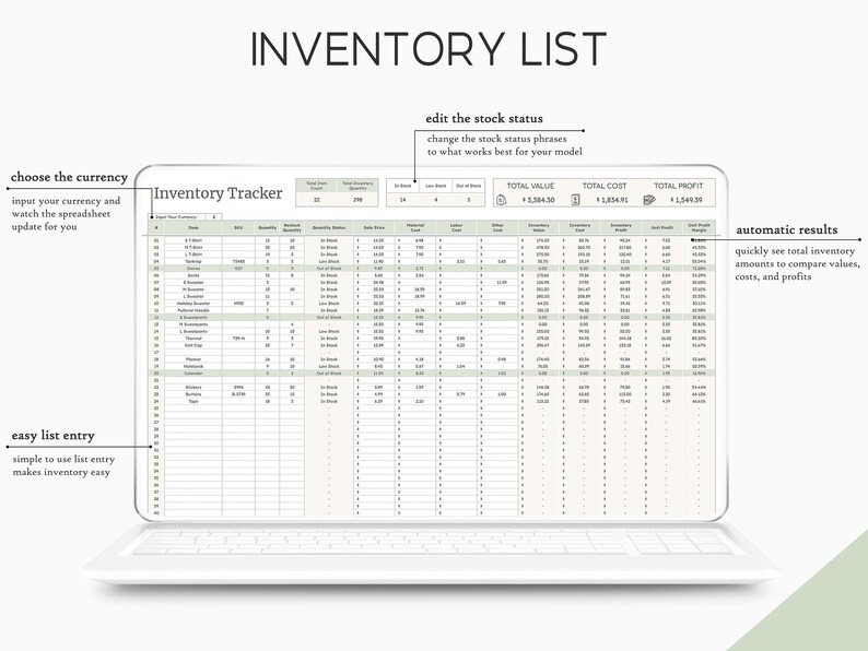 Total Inventory Excel Inventory Tracker Spreadsheet | Google Sheets Template | Product ...