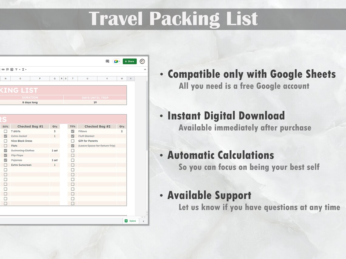 Travel Packing List Google Sheets Template Editable Etsy