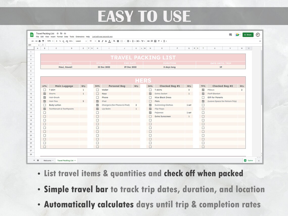 Travel Packing List Google Sheets Template Editable Etsy