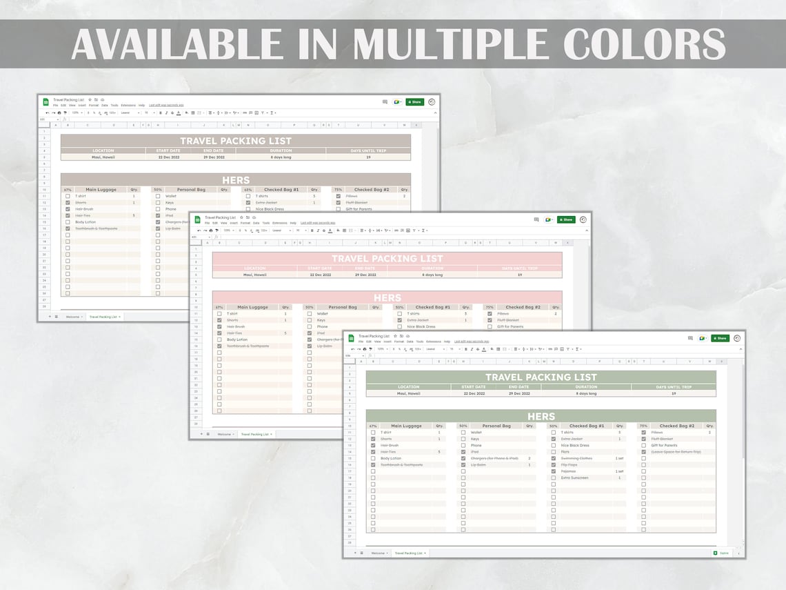 Travel Packing List Google Sheets Template Editable - Etsy