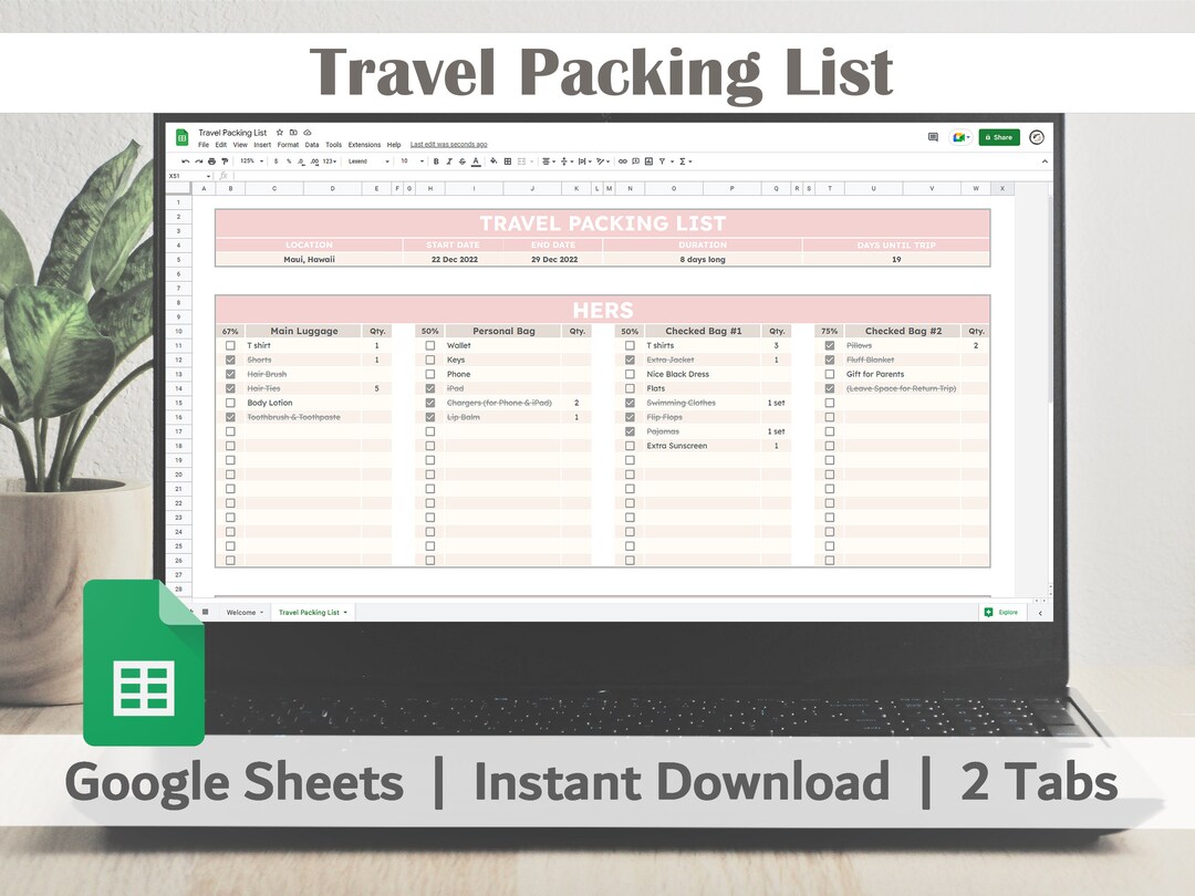 Travel Packing List Google Sheets Template Editable Etsy