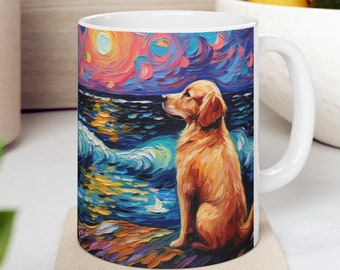 Ceramic Mug 11oz- Golden Retriever Design Coffee Mug Starry Night Dog Lover Coffee Cup Artwork Home Goods, Kitchen Decor