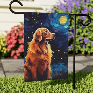 Bandeira de casa Golden Retriever: decoração de jardim para cães com tema de noite estrelada