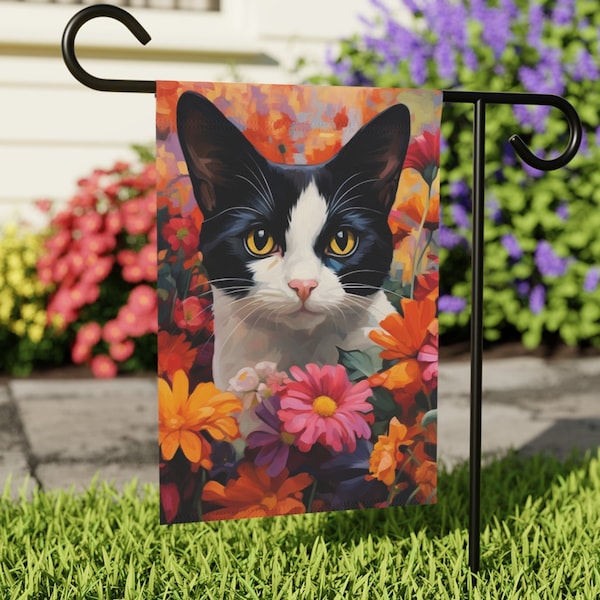 Tuxedo Cat Flower Yard Flag Tuxedo Cat Garden Sign Double Sided Print Outdoor Decor Lawn Garden Decor Tuxedo Cat Lover Tuxedo Cat Gift