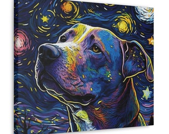 Starry Night Pitbull Canvas, Dog Memorial Portrait, Dog Mom Gift