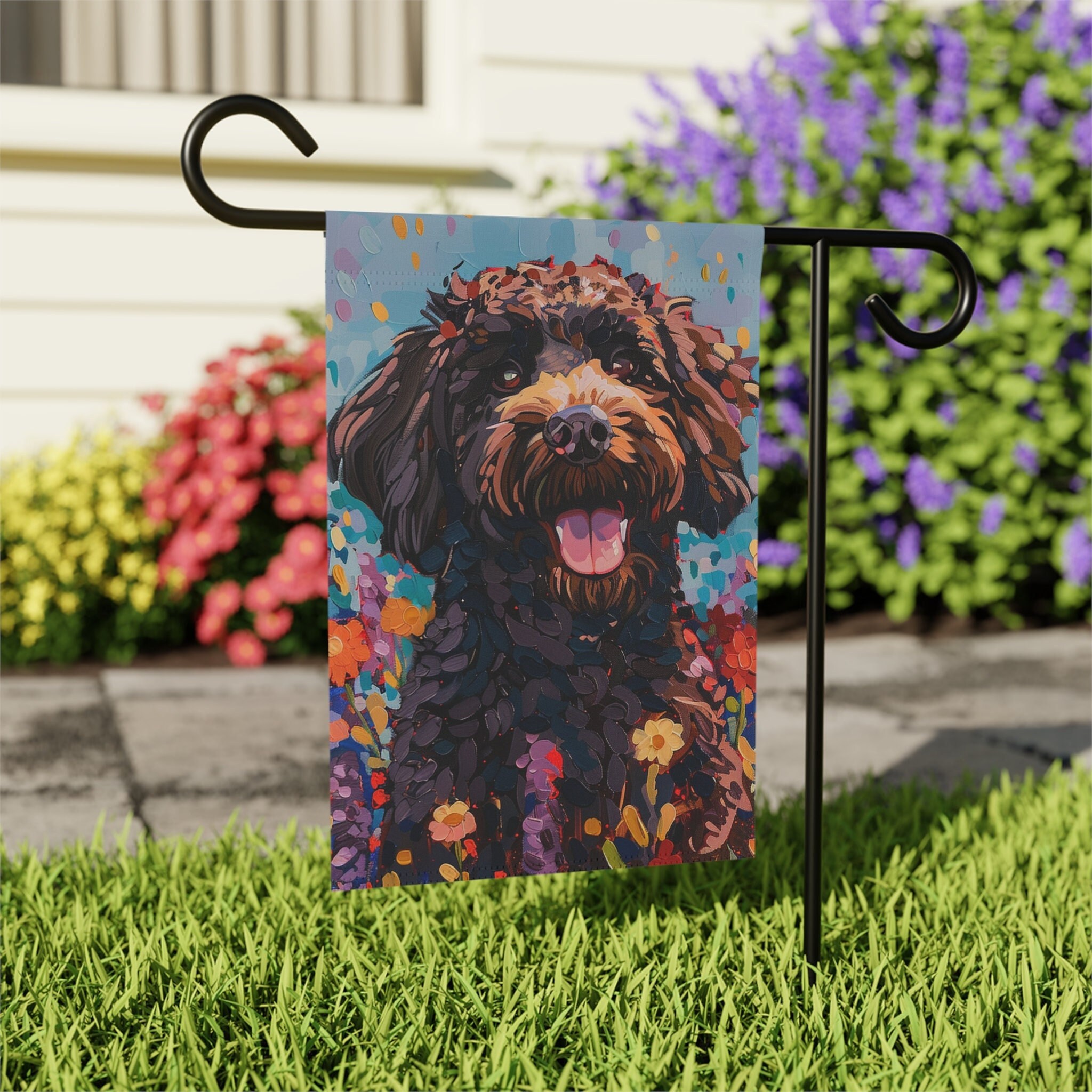 チョコレートゴールデンドゥードルハウスフラッグ：犬のメモリアルギフト - Etsy 日本, image size:2048x2048