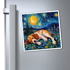 Beagle Magnets, Beagle Gifts, Starry Night, Dog Art, Beagle Refrigerator Magnet 3x3, 4x4, 6x6, Inch Sizes.