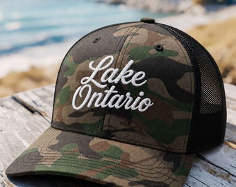 Lake Ontario Camo Trucker Hat, Ontario Lake Hat, Fishing Hat, Camping Hat, Cottage Hat, Great Lakes Hat, Canada Outdoor Gift, Lake Life Cap