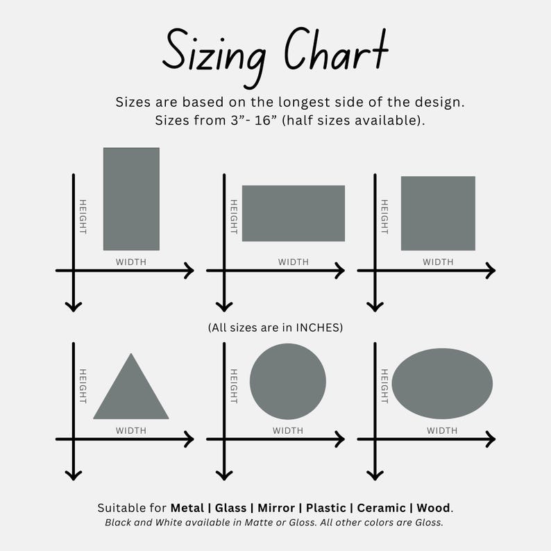 May include: A sizing chart with the title "Sizing Chart" in a handwritten font. The chart shows various shapes with height and width dimensions, ranging from 3 to 16 inches. Text indicates the chart is suitable for metal, glass, mirror, plastic, ceramic, and wood.