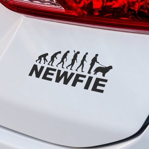 May include: Black and white sticker of a Newfie dog with the text "NEWFIE" and a series of stick figures representing the evolution of humans to a person walking a dog.