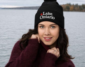 Lake Ontario with Maple Leaf Pom-Pom Beanie, Lake Ontario Toque, Embroidered Canadian Toque, Canada Toque, Ontario Toque, Maple Leaf Toque