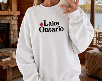 Lake Ontario Embroidered Sweatshirt with Maple Leaf, Ontario Embroidered Sweatshirt, Canadian Crewneck Sweatshirt, Lake Life Pullover