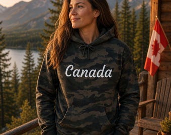 Moletom com Capuz Canada Script, Camuflagem Florestal, Camuflagem Madeira Morta, Pulôver Unissex Confortável, Roupa para Viagens ao Ar Livre, Moletom para Sobreposição no Outono, Presentes do Canadá