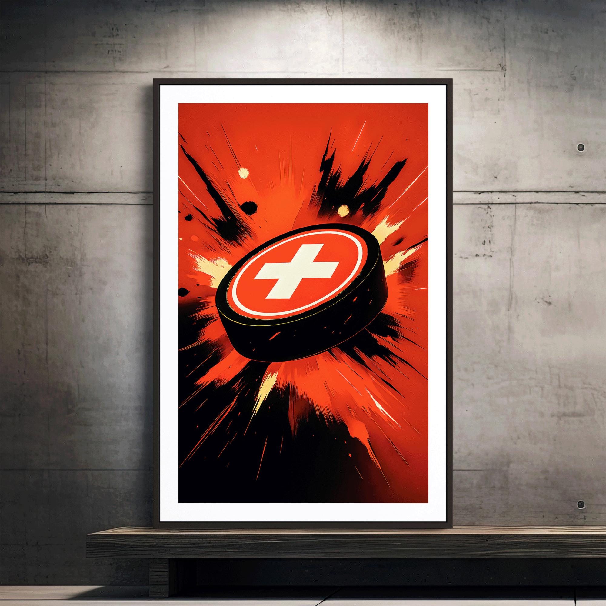 Discover Team Switzerland Hockey Poster (Unframed), Puck Art Print, Swiss Sports Wall Decor