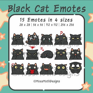 Könnte beinhalten: Digitalgrafik mit 15 schwarzen Katzen-Emotes mit verschiedenen Ausdrücken, wie glücklich, traurig und wütend. Der Text "Black Cat Emotes" steht oben, mit Größenangaben darunter. Der Hintergrund ist türkis mit Sternformen.