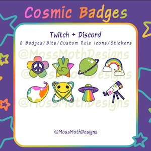 Könnte beinhalten: Eine Sammlung von acht farbenfrohen, kosmisch thematisierten Abzeichen, Aufklebern und Symbolen für Twitch und Discord. Die Designs umfassen ein Friedenszeichen, einen Planeten, einen Regenbogen, ein Smiley, ein UFO, ein Teleskop und eine Blume. Der Hintergrund ist lila mit Sternakzenten.