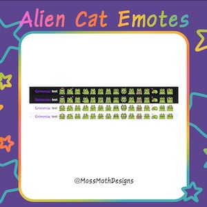 Puede incluir: Gr&aacute;fico digital con el texto "Alien Cat Emotes" en rosa y blanco. La imagen presenta una colecci&oacute;n de emoticonos de gatos alien&iacute;genas verdes con diversas expresiones. El fondo es morado con formas de estrellas.