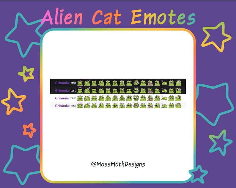 Puede incluir: Gr&aacute;fico digital con el texto "Alien Cat Emotes" en rosa y blanco. La imagen presenta una colecci&oacute;n de emoticonos de gatos alien&iacute;genas verdes con diversas expresiones. El fondo es morado con formas de estrellas.