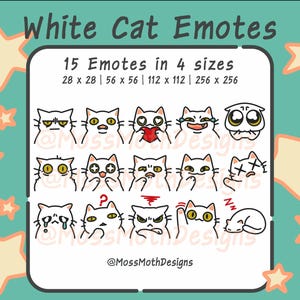 Könnte beinhalten: Digitalgrafik mit 15 weißen Katzen-Emotes, die verschiedene Emotionen zeigen. Der Text lautet „White Cat Emotes“ und Größenangaben sind enthalten. Der Hintergrund ist türkis mit Sternen. Der Künstlername ist ebenfalls sichtbar.