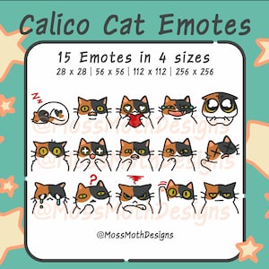 Könnte beinhalten: Digitalgrafik mit 15 Calico-Katzen-Emotes, die verschiedene Emotionen wie Schlafen, Liebe und Wut ausdrücken. Der Text "Calico Cat Emotes" steht oben, mit Größenangaben. Der Hintergrund ist türkis mit Sternakzenten.
