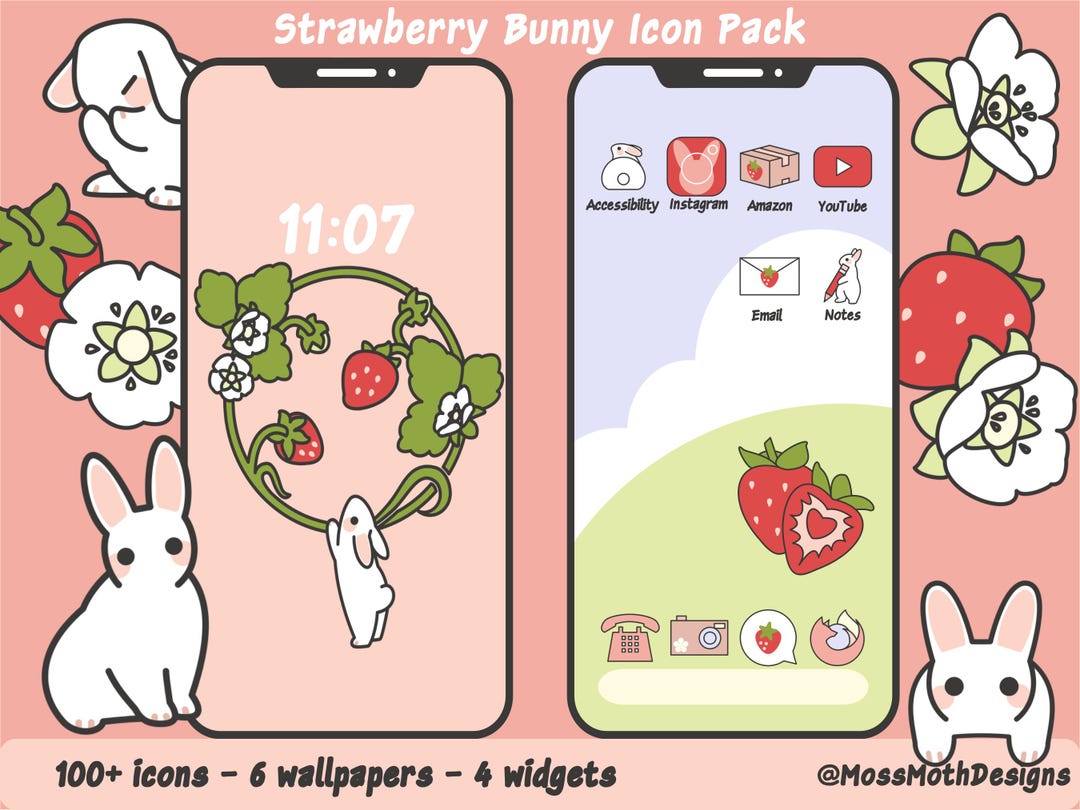 Strawberry Bunny App Icon Set: 100+ Icons, Wallpapers, Widgets (digital ...