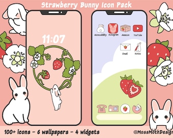 Strawberry Bunny App Icon Set: 100+ Icons, Wallpapers, Widgets (Digital Download)