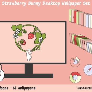 Puede incluir: Un conjunto de fondos de pantalla para escritorio con un conejo blanco sosteniendo una vid de fresas con fresas rojas. El conjunto incluye 14 fondos de pantalla y más de 100 iconos. El texto "Strawberry Bunny Desktop Wallpaper Set" y "@MossMothDesigns" también se incluyen en la imagen.