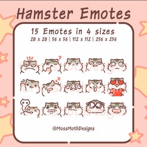 Könnte beinhalten: Eine digitale Grafik mit 15 Hamster-Emotes in verschiedenen Ausdrücken, wie wütend, verwirrt und verliebt. Das Bild enthält den Text "Hamster Emotes" und "15 Emotes in 4 sizes" mit Pixelmaßen. Der Hintergrund ist hellrosa mit Sternformen.