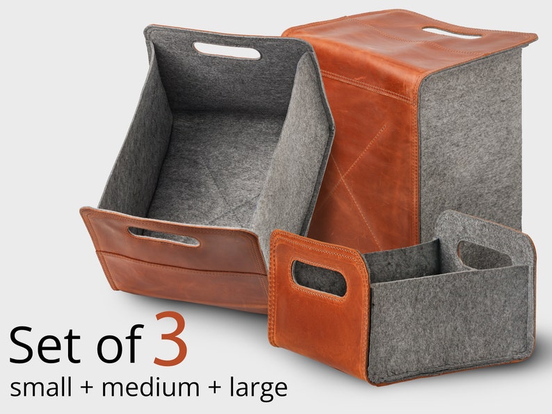 Storage bin from leather and felt for clothes and stuff, personalized leather baskets with handle storage image 9