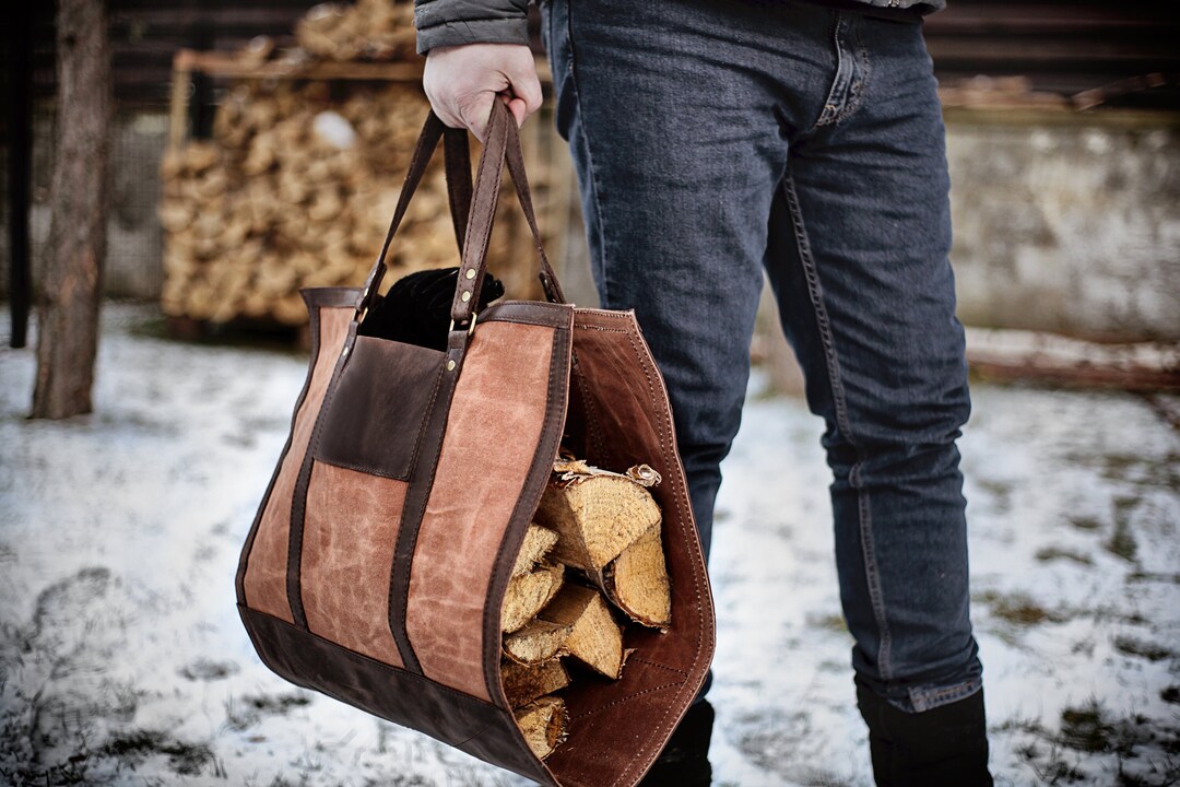 Wood Carrier, Burlap Log Carrier, Leather Log Carrier, Indoor Log
