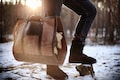 Leather and waxed canvas log carrier, fireplace wood holder bag, firewood carrier
