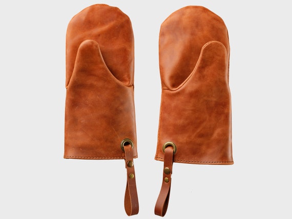 Mens Cooking Gloves Made of Leather, Brown Leather Oven Mitts for