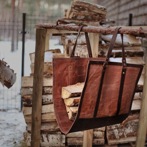 Leather log carrier, farmhouse gift, Firewood Log Carrier, Firewood Bag, Wood carrier, Log Holder Indoor, firewood box