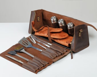 Gift for him dad men, outdoor cooking, Bbq storage bag, personalized gifts, Leather grill bag, Leathet tool roll