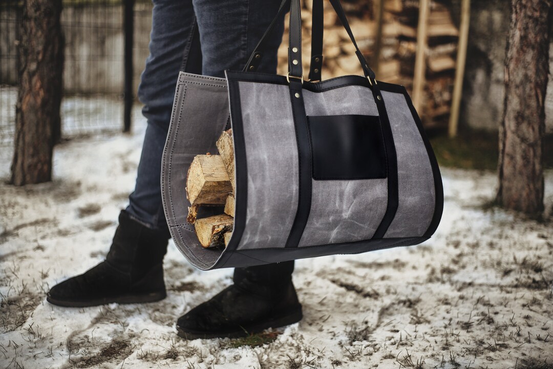 Wood Carrier, Personalized Log Bag, Leather Log Carrier, Kindling Basket, Firewood Log Carrier