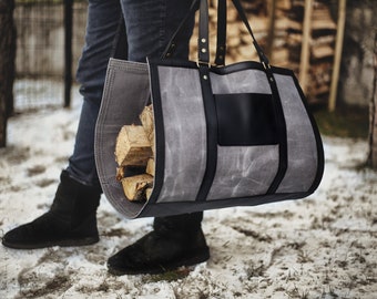 Wood carrier, personalized log bag, Leather log carrier, kindling basket, Firewood Log Carrier, farmhouse gift, Firewood Bag