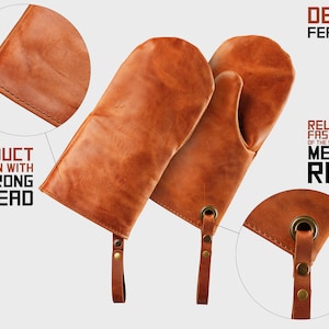 Mens cooking gloves made of leather, brown leather oven mitts for chef image 9